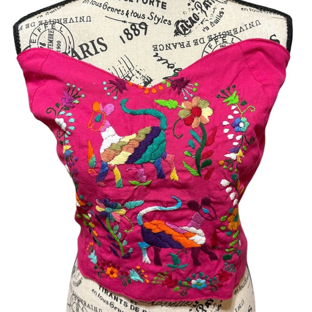 Handcrafted Mexican Embroidered Corset, fuchsia women’s corset, Sz M, 16x14
